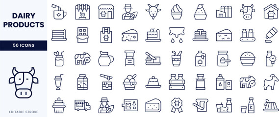 An array of line icons representing various dairy products, featuring cows, milk, cheese, and butter in a clean, minimalist design.