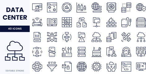 A collection of editable stroke icons representing data centers, illustrating various tech concepts and functionalities in a clean, modern design.