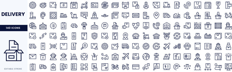 A comprehensive collection of delivery-related icons, featuring various symbols like packages, vehicles, and communication elements.