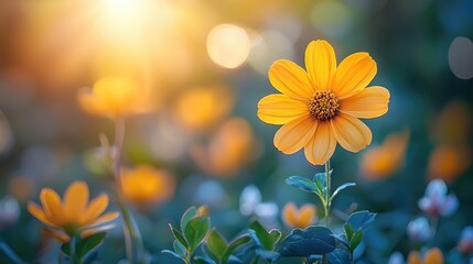 Vibrant yellow flower blooming in a lush garden with soft sunlight illuminating the scene