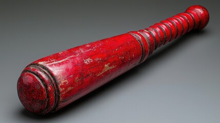 Vintage red baseball bat resting on a smooth surface, showcasing its weathered texture and color