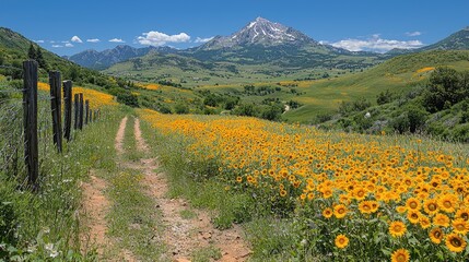 Vibrant sunflower field along a dirt path with mountains in the background on a sunny day