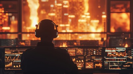 Obraz premium A silhouette of a surveillance officer wearing headphones, overseeing a city in flames from a futuristic control room filled with glowing monitors and digital data. AI generated.
