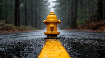 Bright yellow fire hydrant standing on a wet road during a rainy day in a forested area