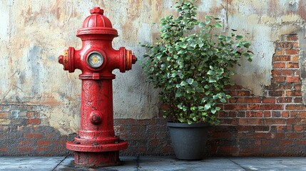 A vibrant red fire hydrant stands against a textured wall, accompanied by a potted plant nearby