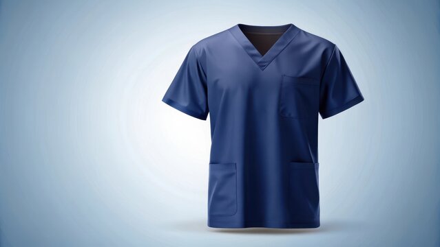 Navy blue scrub top with short sleeves mockup on a simple clipart background featuring various medical equipment and tools, clinical attire, blue uniform