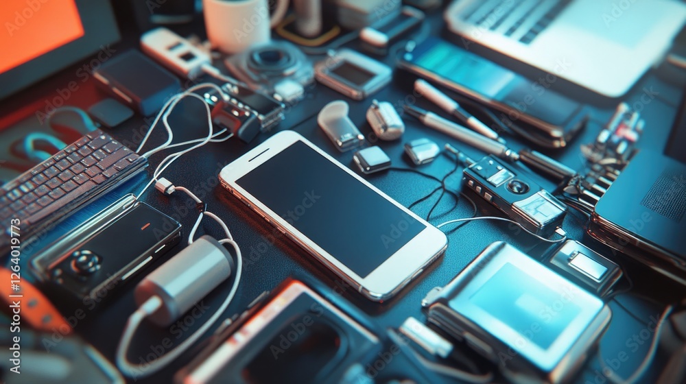 Poster a close-up of various tech devices being connected through a mobile phone, symbolizing the growing i