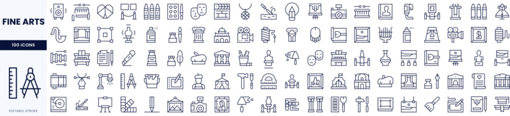 A collection of fine arts icons, showcasing various artistic tools, historical buildings, and symbols in a clean, minimalist design.