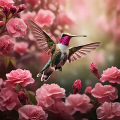 XL A hummingbird is flying over some pink