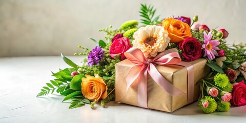 A beautifully wrapped gift box overflowing with vibrant flowers and lush greenery, surrounded by a soft white background, exudes elegance and sophistication , gift wrapping, presentation