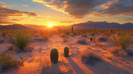 Scenic desert landscape at sunset with cacti and mountains in the background, serene atmosphere
