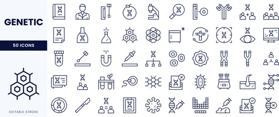 A collection of editable stroke icons representing genetic research and biotechnology.