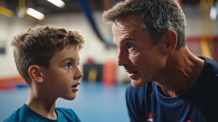 Closeup of a coach providing personalized feedback to a young athlete their animated expressions frozen in time against the softly blurred backdrop of a wellused gymnasium showcasing