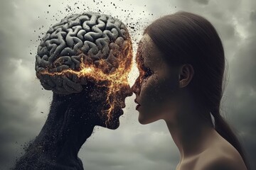 Surreal scene of a human and brain facing each other, representing introspection, mental health, and emotional connection in an evocative and artistic design