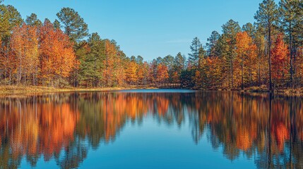 Serene autumn landscape reflecting vibrant foliage on a calm lake under a clear blue sky