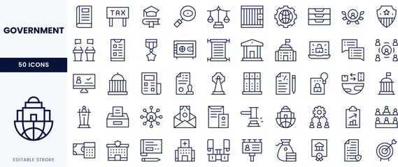 A collection of editable stroke icons representing various government services and functions.