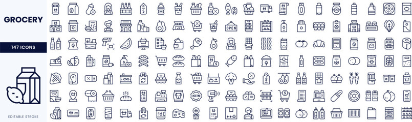 A collection of grocery-themed icons in a sleek, minimalist line art style, showcasing various food and household items.