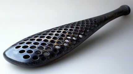 Close-up of a sleek, perforated black paddle resting on a smooth surface, showcasing its design and texture
