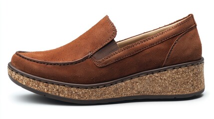 Stylish brown slip-on shoe with a comfortable cork sole, showcased against a neutral backdrop