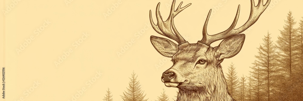 Aufkleber engraved deer portrait with intricate line work and sepia tones featuring space for text. generative