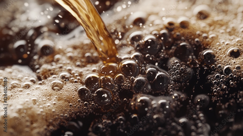 Fototapete A close-up shot of coffee being poured into a mug, focusing on the bubbles and splashes as the liquid interacts with the surface, creating a dynamic texture.