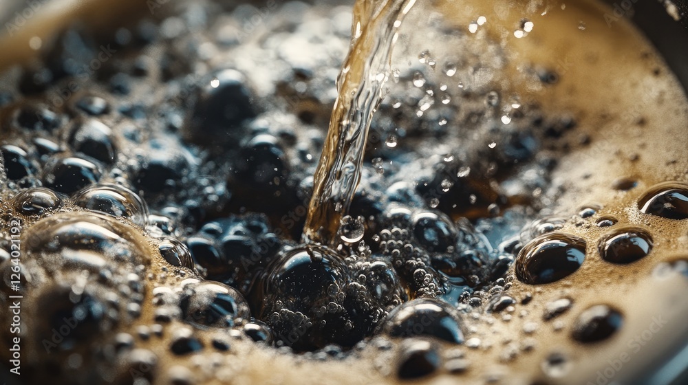 Poster A close-up shot of coffee being poured into a mug, focusing on the bubbles and splashes as the liquid interacts with the surface, creating a dynamic texture.