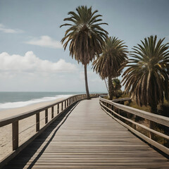 A picture of a boardwalk that has a palm