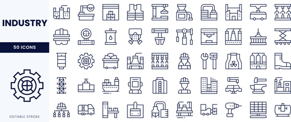 A diverse collection of industrial icons, featuring machinery, tools, and production elements in a sleek, linear design.