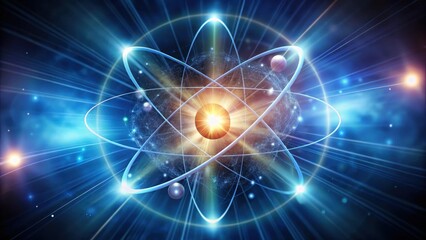 Obraz premium Electron cloud swirling around a central atomic nucleus , molecule building block, electrons orbiting atom