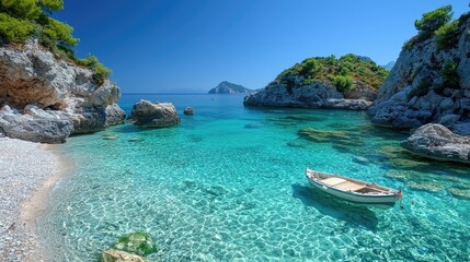 Fototapeta premium Serene coastal scene with a small boat anchored in crystal-clear turquoise waters, surrounded by rocky cliffs and lush greenery