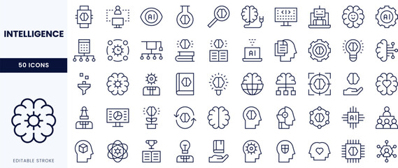 A collection of icons representing various concepts related to intelligence and innovation, featuring outlines of brains, books, and technology.