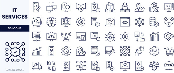 A collection of editable stroke icons representing various IT services, showcasing technology and digital solutions.