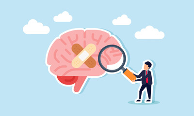 Businessman holds a magnifying glass examining a brain with a bandage due to injury, illustration of critical thinking evaluation related to business ideas