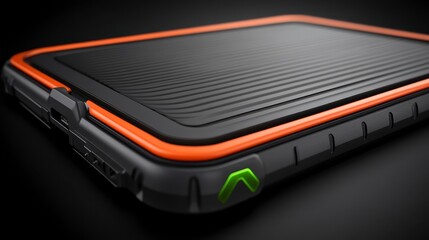 Durable rugged tablet with orange accents on a dark background