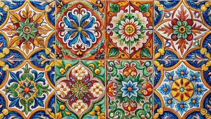 Colorful Sicilian-inspired ceramic tiles with intricate floral patterns and ornate details in a vintage style background, ceramic tile, vetro decorativo
