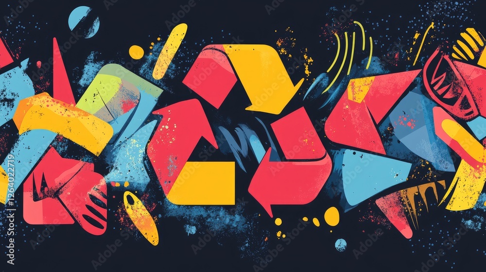 Poster a creative and vibrant abstract design illustrating recycling, with dynamic colors and shapes highli