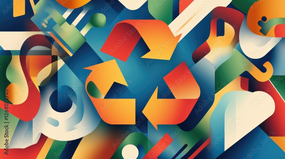 Poster a creative and vibrant abstract design illustrating recycling, with dynamic colors and shapes highli
