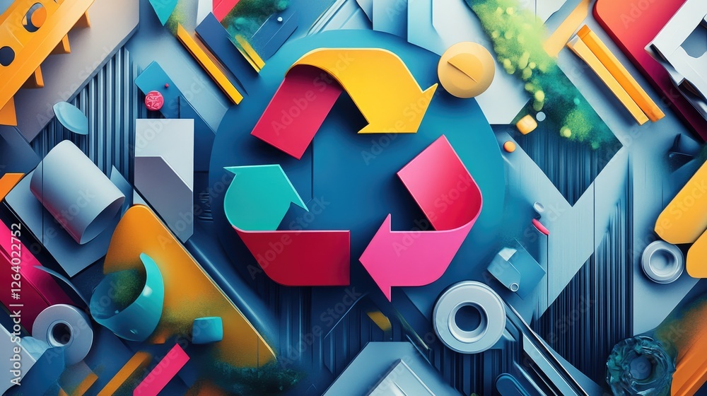 Poster a creative and vibrant abstract design illustrating recycling, with dynamic colors and shapes highli