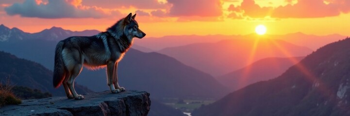 Obraz premium Gray wolf standing on a cliff edge, looking out at sunset, sunset, gray wolf, natural beauty