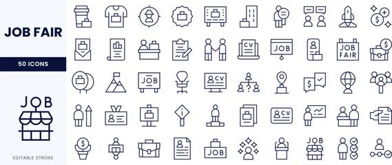 A collection of line icons related to job fairs, featuring concepts like resumes, interviews, and networking.