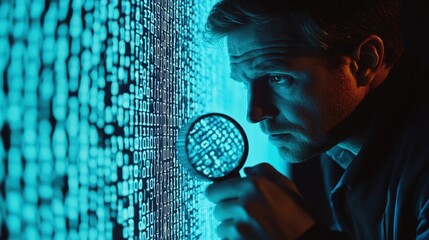 An image detailing a bright illuminated laptop screen filled with cryptic binary code overlays as a forensic investigator leans closer using a magnifying glass to uncover hidden digital