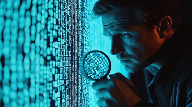 An image detailing a bright illuminated laptop screen filled with cryptic binary code overlays as a forensic investigator leans closer using a magnifying glass to uncover hidden digital