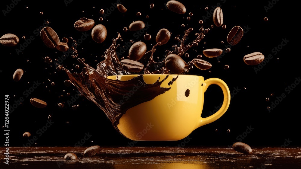 Poster a creative depiction of floating coffee beans and splashes of dark coffee from a bright yellow mug, 