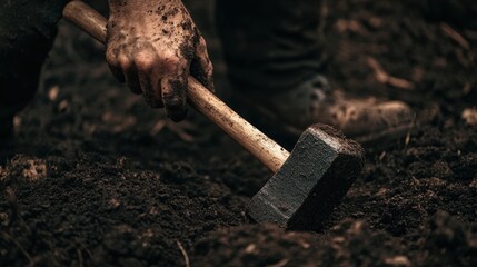Fototapeta premium A hand wielding a hammer, striking soil in a dark, dramatic setting, with the focus on strength and resilience.