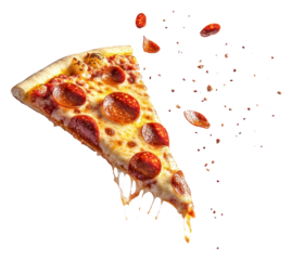 PNG A slice of pepperoni pizza flying in the air food delicious cheese.