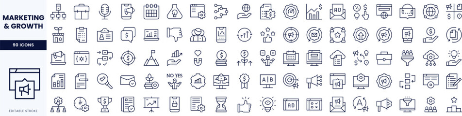 A comprehensive set of marketing and growth icons, showcasing various business concepts and strategies in a minimalist style.