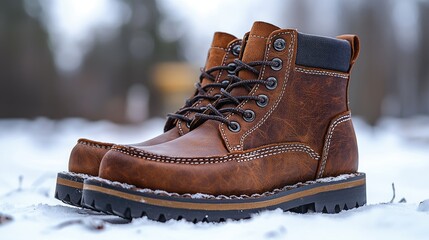 Brown leather boots positioned on snow-covered ground with blurred trees in the background