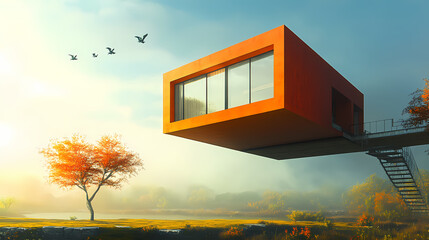 Cube shaped house balancing on one point defying gravity with a minimalist and captivating architectural design. Architectural Paradoxes. Illustration