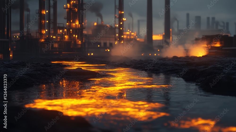 Poster a detailed 3d rendering of industrial machinery discharging waste into rivers, creating glowing toxi