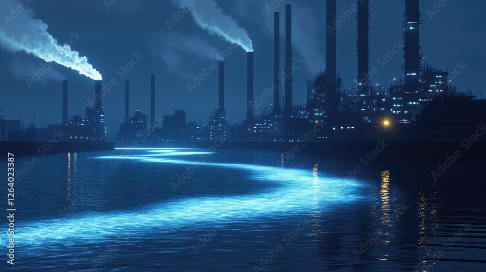 Poster a detailed 3d rendering of industrial machinery discharging waste into rivers, creating glowing toxi